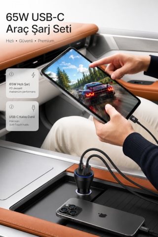 Kensa 65w Çift Portlu Hızlı Araç Şarj Aleti + Usb-c To Usb-c Şarj Kablosu Seti 65w Araç Şarj Cihazı