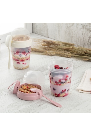 Bölmeli Yoğurt Kabı 600 + 200 Ml Diyet Ve Sağlıklı Beslenme İçin Saklama Kabı Pembe