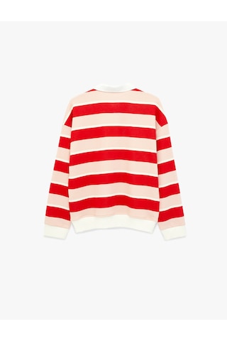 Koton Polo Yaka Düğmeli Uzun Kollu Oversize Kalpli Çizgili Sweatshirt Ekru Çizgili 6sal10437ık Ekru Çizgili