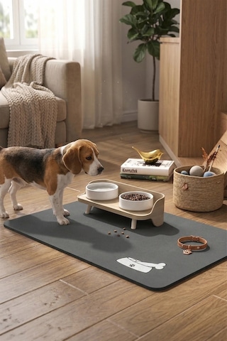MAtGo Pati Evcil Hayvan Beslenme Matı Kemik Figürlü Su Geçirmez Kaymaz Gri Kedi Köpek Mama Paspası 50 x 70 CM