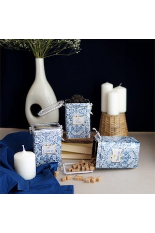 Azulejos Desenli Dikdörtgen Kilitli Saklama Kabı 3 Lü Set 7.5 X 10 X 15 Cm Tea, Coffee, Sugar Çok Renkli