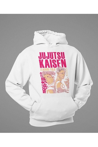 Jujutsu Kaisen Itadori Yuji Baskılı Unisex Oversize Anime Hoodie Beyaz