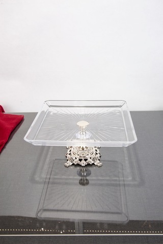 Argkristal Madlen Kare Servis Ve Sunum Tabağı Gümüş Detaylı Metal Ayaklı 24x24x14 Gümüş