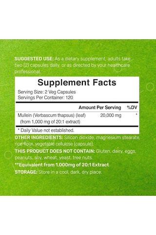 Mullein Leaf 20,000mg Herbal Equivalent, 240 Veggie Capsules
