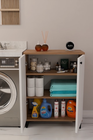 Çok Amaçlı Banyo & Çamaşır Odası Dolabı, Ayarlanabilir Raflı, Kapaklı Modern Banyo Dolabı Atlantik Çam - Beyaz