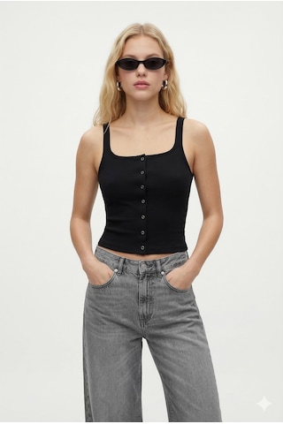Ritnice Kadın Olivia Lux Touch U Yaka Çıtçıtlı Askılı Siyah Top / Bluz Siyah