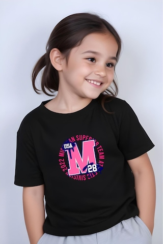 Panios Kids M 28 Baskılı Kız Çocuk Kısa Kollu T-shirt Siyah