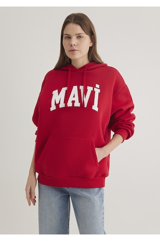 Mavi - Mavi Logo Baskılı Kapüşonlu Kadın Sweatshirt 1600361-86417 Kırmızı