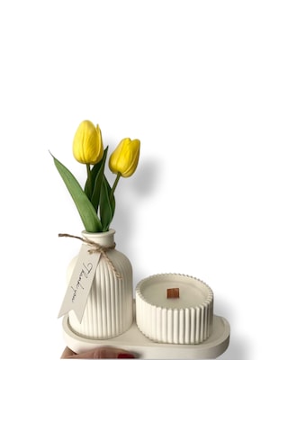 Kokulu Soya Wax Mum Ve Çizgili Vazo Seti Dekoratif Beyaz Kombin Beyaz