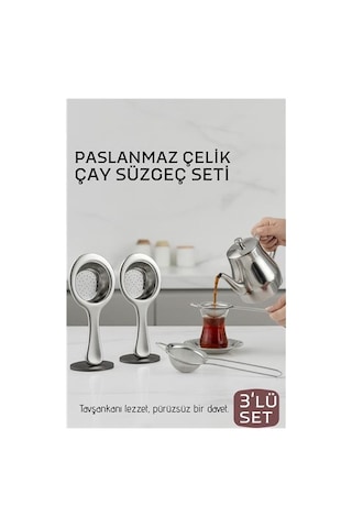 Çay Süzgeci Seti - 3 Parça Profesyonel Ve Kulplu Demlik Filtresi Paslanmaz Çelik 718934 Gri