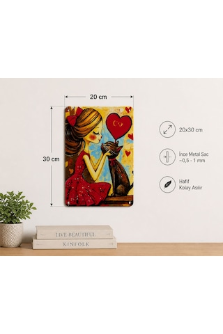 Upeka Kedi Ve Kız Temalı Şık Modern Tasarım Dekorasyon Metal Duvar Tablo 30cmx20cm