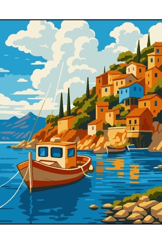 Denic Sayılarla Boyama Seti 40x50 Cm (Çıtalı) Fırça Boya Dahil Numaralı Tuval Deniz Sandal Bina Manzaralı