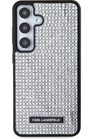 Galaxy S24 Uyumlu Kılıf Taşlı Metal Logo Lisanslı Kapak Gümüş