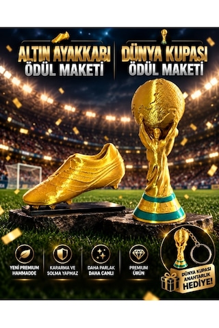 İsime Özel Altın Ayakkabı Ve Dünya Kupası Futbol Ödülü Maketi Seti Dünya Kupası Anahtarlık Hediyeli 20cm