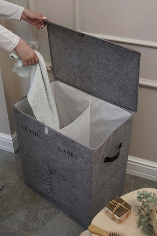 Deri Detaylı 2 Gözlü Çamaşır Sepeti, 53 X 33 X 60 Cm, 105 Litre Gri