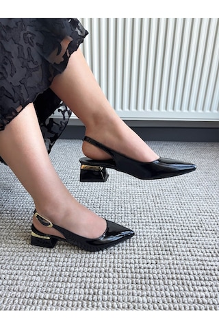 Asmi Shoes Kadın Yupin Siyah Rugan Kısa Topuklu Arkası Açık Ayakkabı