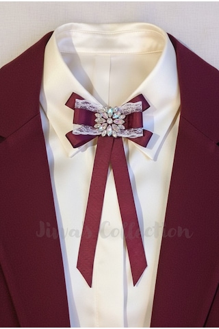 Bordo Rengi Kadın Fiyonk Broş. Parlayan Rhinestone Detaylı Fiyonk Broş .boyun Kravat Çok Renkli