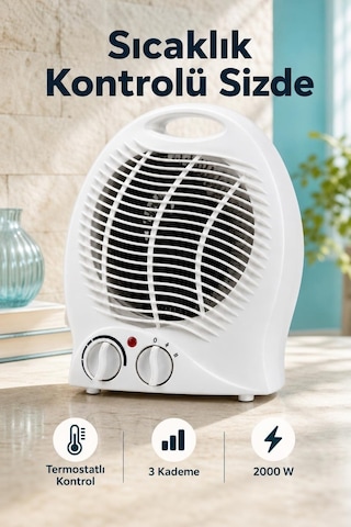 Termostat Ve Kademe Ayarlı Beyaz Fanlı Isıtıcı Devrilme Emniyetli