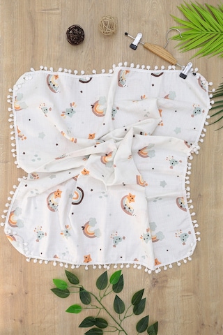 Kız Erkek Bebek Çift Katlı Ponponlu Müslin Kundak Battaniye Stl6907 Beyaz - Fuşya