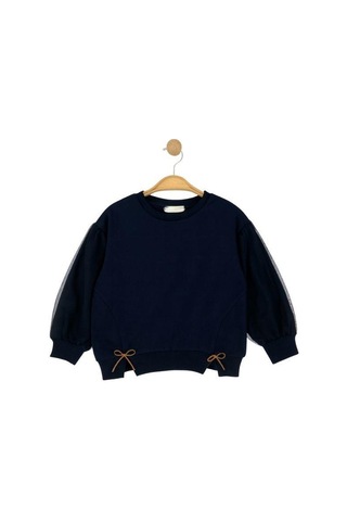 Kız Çocuk Pamuklu Kolları Tül Detaylı Fiyonklu Sweatshirt-16217 Siyah