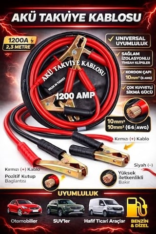 Akü Takviye Kablosu,1200 Amper, 2,3 Metre Uzunluk, Profesyonel Heavy Duty, Güçlü Timsah Kıskaçlı, Bakır İletken, Made İn Turkey