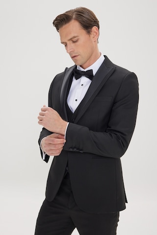 Ac&Co / Altınyıldız Classics Erkek Sıyah Slim Fit Dar Kesim Kırlangıç Yaka Balıksırtı Desenli Yelekli Smokin Takım Sıyah Siyah