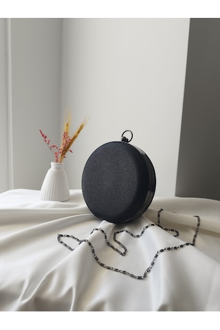 Vivazzaluxe Modern Yuvarlak Model Simli Düğün Nişan Gelin Kadın Abiye Clutch Çanta Siyah