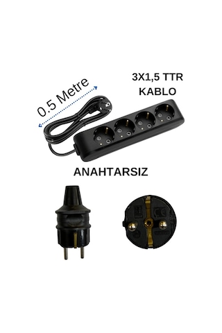 Avarson 4'lü Dörtlü Priz Topraklı Kablolu Siyah 3x1,5 Ttr 0,5 Yarım Metre
