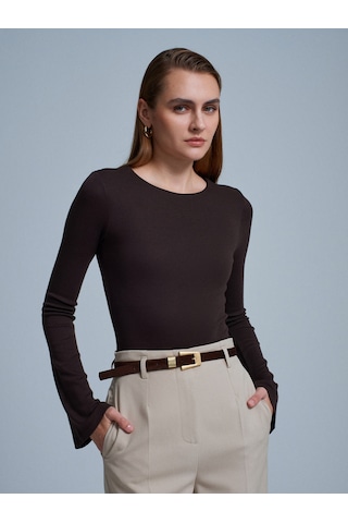 Dilvin 32284 Bisiklet Yaka Uzun Kollu Top-koyu Kahve Koyu Kahve
