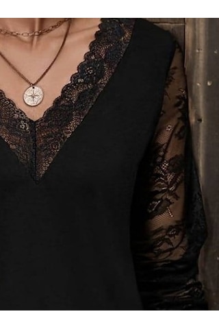 Bhrwear Kadın Uzun Kollu V Dantel Yakalı Viskon Bluz Renkli