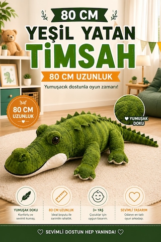 80 Cm Peluş Timsah Yumuşak Oyuncak Uyku Arkadaşı Sevimli Peluş Timsah Yeşil