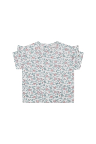 Antebies Organik Beyaz Kır Çiçek Desenli Fırfırlı Kısa Kollu Kız Bebek Tshirt Şort Takımı Mavi