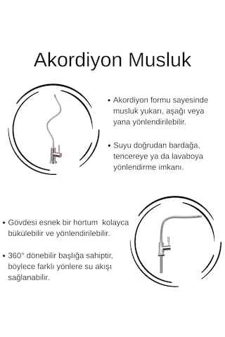 Su Arıtma Musluğu Akordion Esnek Musluk Aç Kapa Tüm Arıtmalara Uyumlu Renk - Gri