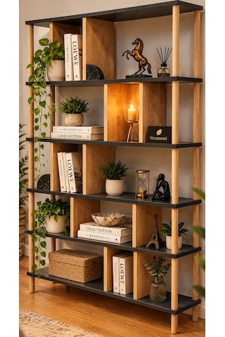 Veramoni 5 Raflı Modern Kitaplık 137x90x20 Cm - Antrasit Meşe Antrasit - Meşe