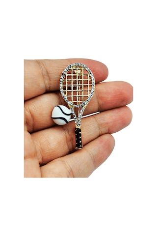 Taşlı Tenis Raketi Ve Top Gold Broş Sarı