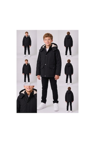 Deniva Kids Erkek Çocuk İçi Kürklü Kapüşonlu Su Ve Rüzgar Geçirmez Cepli Parka Kışlık Mont Siyah