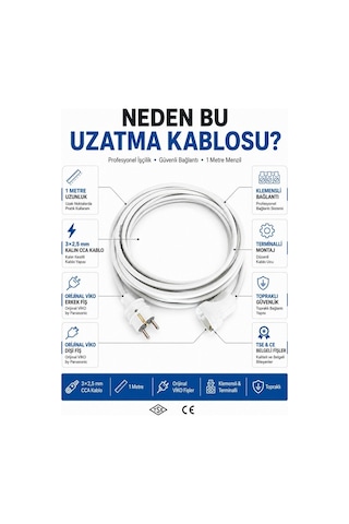 Viko Seyyar Uzatma Kablosu 1 Metre 3x2.5 Mm Cca Kablo Viko Erkek Dişi Fiş Klemensli Terminalli Topraklı Tse Ce Belgeli 1 M