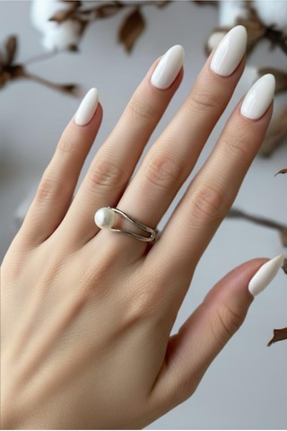 İncili Gümüş Renkli Ayarlanabilir Luna Çelik Yüzük Gümüş