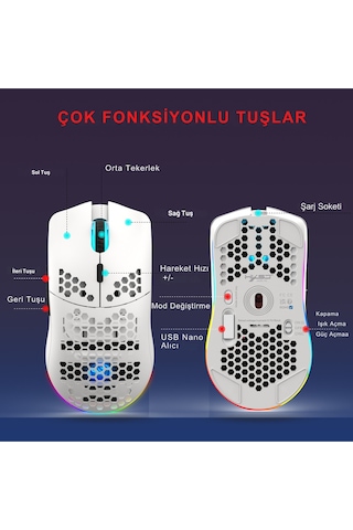 T66 Kablosuz 3 Modlu Mouse-650 Mah Batarya - 12000 Fps - 20g - Rgb Aydınlatma Diğer