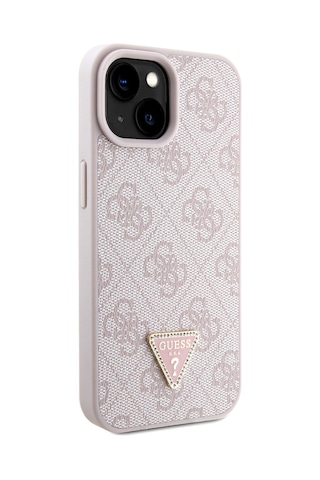 Apple Uyumlu iPhone 15 Kılıf Guess Lisanslı Pu Deri Taşlı Metal Üçgen Logolu Çapraz Vücut Askılı 4g Desenli Pembe