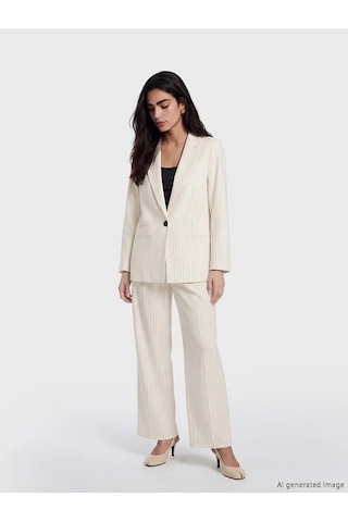 Lc Waikiki Bej Çizgili Keten Karışımlı Kadın Blazer Ceket