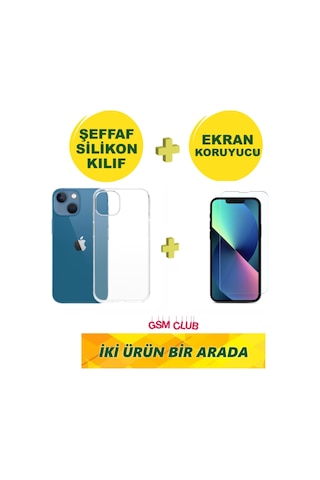 Apple iPhone Uyumlu 13 Mini Şeffaf Silikon Premium Kılıf + Kırılmaz Ekran Koruyucu Temperli Cam