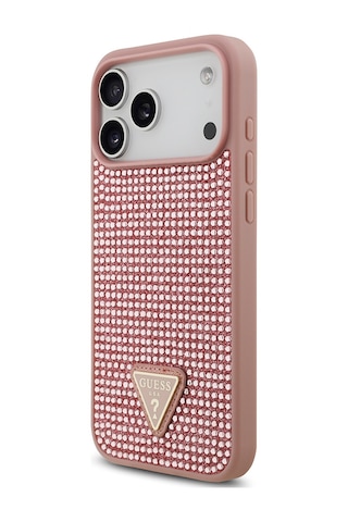 Apple Uyumlu iPhone 17 Pro Max Kılıf Guess Lisanslı Taşlı Arka Yüzey Üçgen Logolu Kapak Pembe Pembe