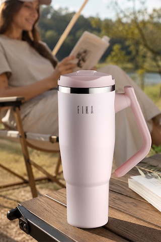 Fika Lumi Patentli Döner Kulplu Sızdırmaz Çelik Termos 1200 Ml - Bej Pembe