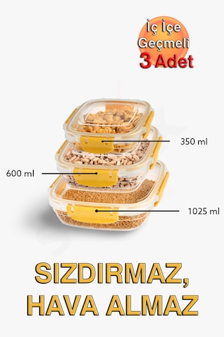 Lock&fresh Master Kare Saklama Kabı 350, 600, 1025 Ml Üçlü Set Sarı