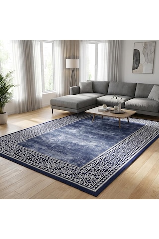Lacivert Zemin Gümüş Detaylı Oryantal Bordürlü Dijital Baskılı Kaymaz Tabanlı Yıkanabilir Halı Lacivert