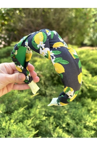 Kadın Kumaş Düğümlü Siyah Sarı Limon Desenli Yazlık Taç Siyah
