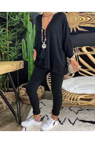 Kadın Uzun Kollu Derin V Yaka Ön Kısa Arka Uzun Viskon Bluz Siyah