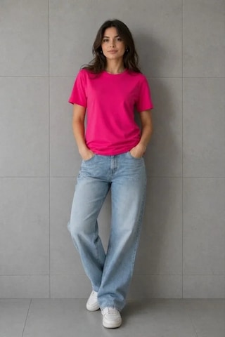 Defymoda Basic Pamuklu Tişört Bisiklet Yaka Düz Renk Relaxed Fit T-shirt - Fuşya