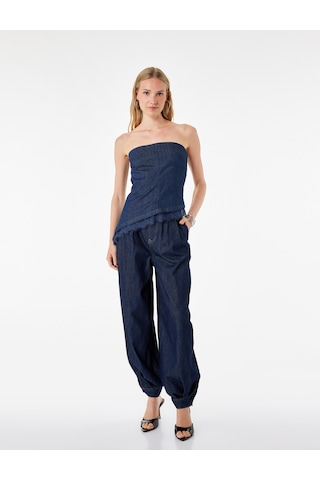 Koton Dantel Detaylı Asimetrik Kesim Straplez Denim Büstiyer Top Koyu İndigo 6sal30029md Dark Indigo